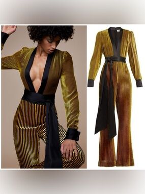 Diane von Furstenberg Gold Velvet Plisse Wrap Jumpsuit